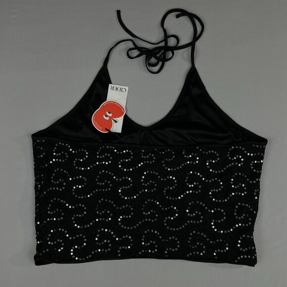 Cider Sequin Cropped Halter Top Women's XL Black Silver Rockerchic Punk Glamgoth - Picture 3 of 13